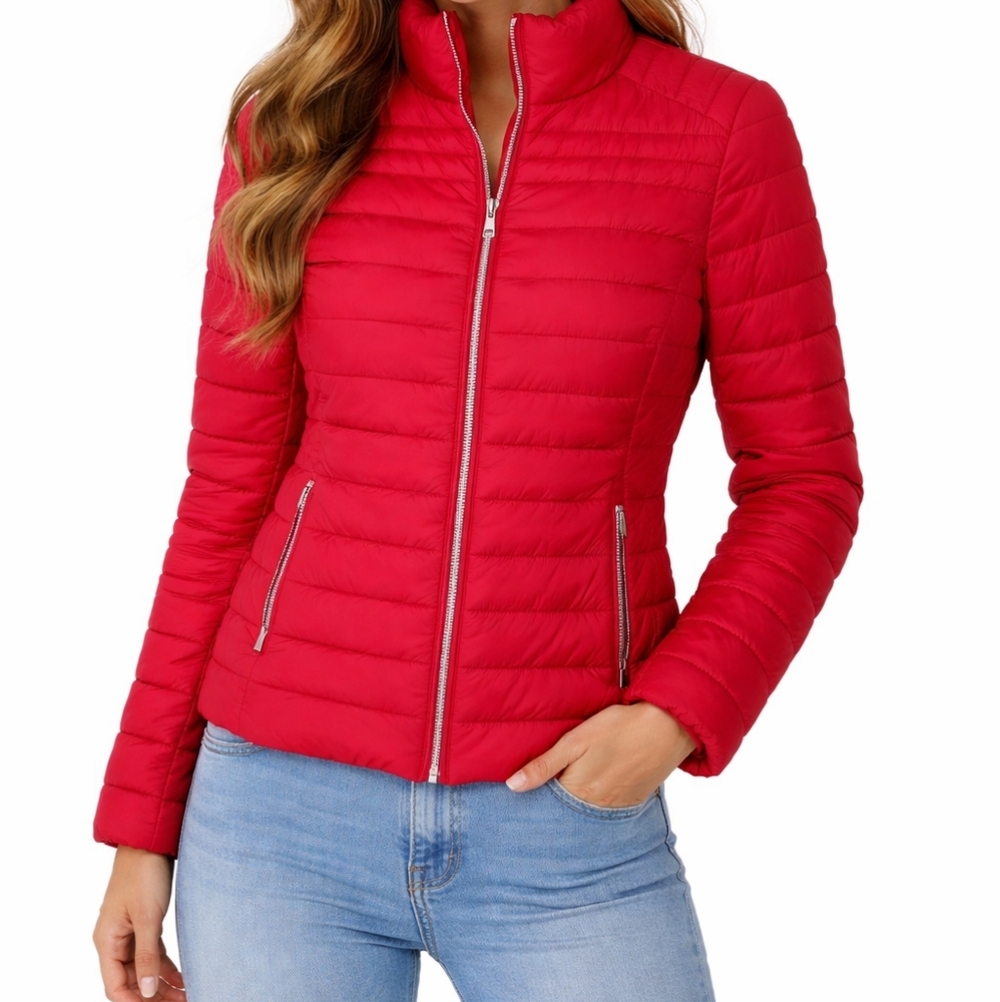 Red puffer jacket